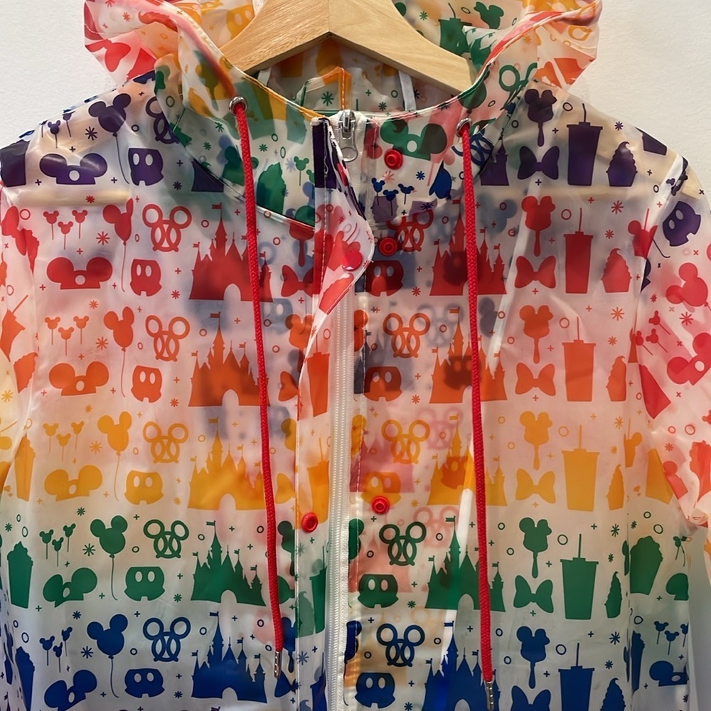 Disney Women’s Rain Jacket Rainbow Disney Collection clear drawstring hood sz S - Picture 3 of 11